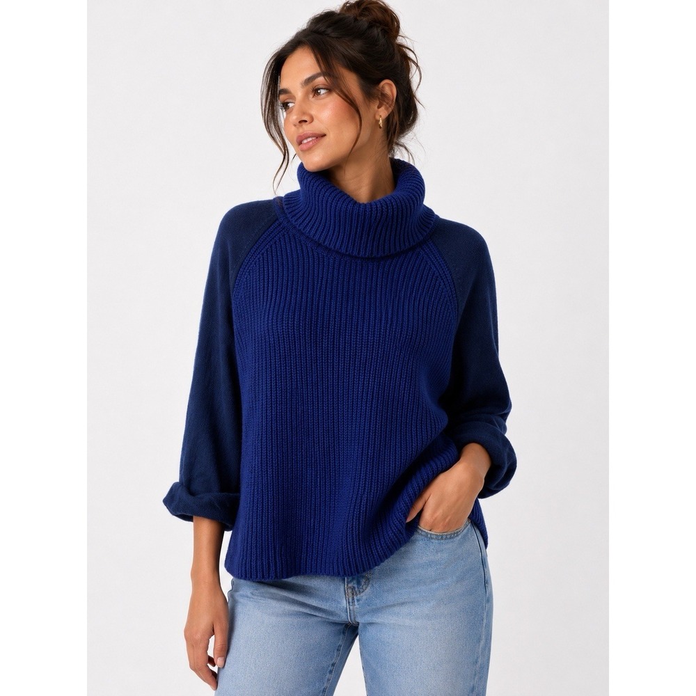 Margaret O'Leary Blue Turtleneck Knit‎ Sweater Balloon Sleeve Women's Size L